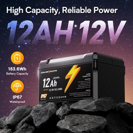GOLDENMATE 12V 12Ah LiFePO4 Lithium Battery(2 Packs), 5000+ Deep Cycles, IP67 Waterproof Lithium Iron Phosphate Battery, Built-in BMS, Ideal for Power Wheels, Solar, Marine, Fish Finder, Ride-on Toy