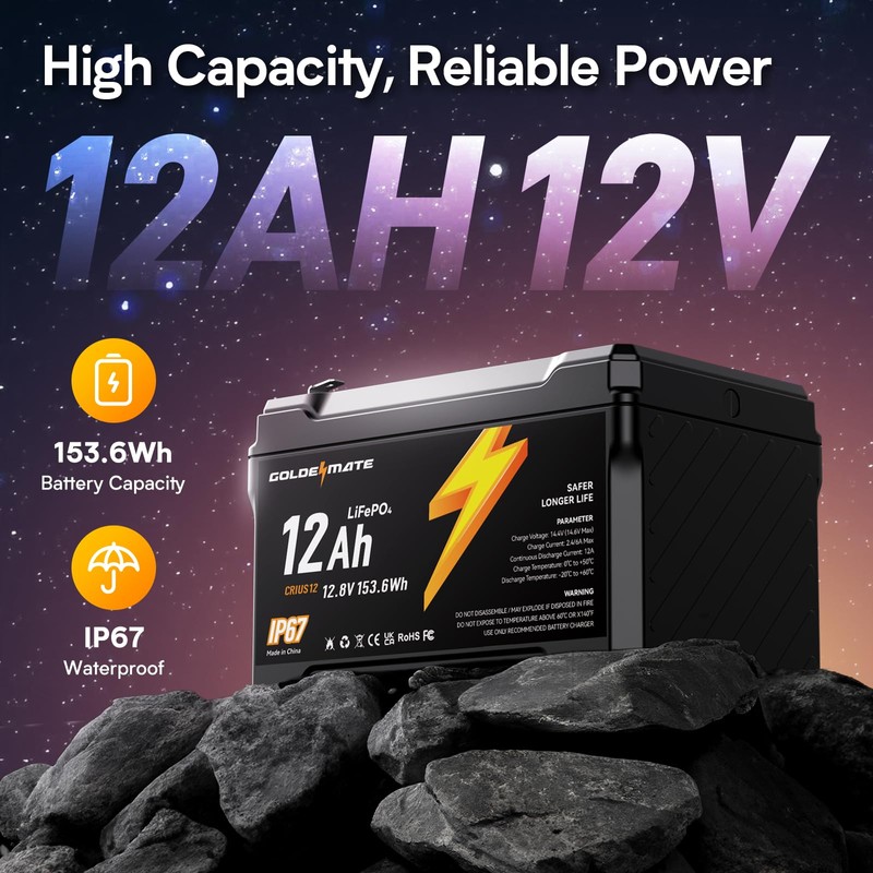 GOLDENMATE 12V 12Ah LiFePO4 Lithium Battery(2 Packs), 5000+ Deep Cycles,