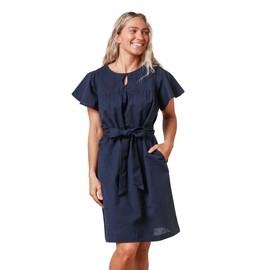 Hope & Henry Women's Bell Sleeve Linen Keyhole Dress, 2, Navy Linen