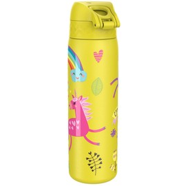 Ion8 Steel Water Bottle, 600 ml/20 oz, Leak Proof, Easy to Open, Secure Lock, Dishwasher Safe, Flip Cover, Fits Cup Holders, Carry Handle, Durable, Metal Water Bottle, Raised Print, Yellow Unicorns
