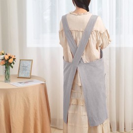 Pincy Cotton Linen Apron for Women - No Ties Cross Back Apron with Pockets Ideal for Florists, Cafes and Kitchen, 22-Light Grey