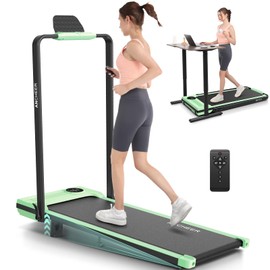 Folding Treadmill with Incline,4 in 1 Foldable Walking Pad with Handle Bar,Under Desk Treadmill for Home Office,Walking Pad 300LBS Weight Capacity/Dual Control/LED Display (Green)