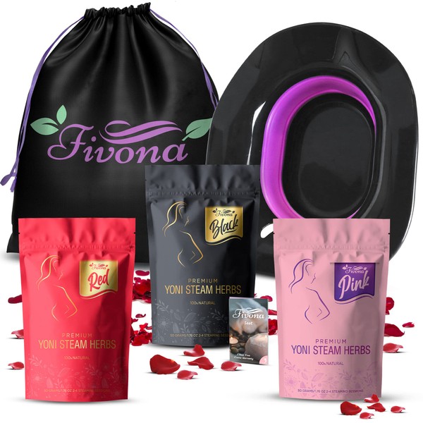 Fivona 5-in-1 Yoni Steaming Kit Foldable Over The Toilet Steamer Seat with Black Red Pink Premium Yoni Herbs and Storage Bag - Effective Detox pH Balance Cleansing and Relaxation - at Home V-SPA