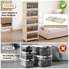 5 Tier - 34QT Storage Bins with Lids, Collapsible Storage Bins with Doors and Wheels, Plastic Storage Cabinet for Easy Storage and Organization for Living Room, Office