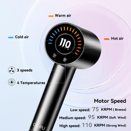 Hair Dryer CONFU Negative Ionic Blow Dryer 110000 RPM High-Speed Motor Hairdryer for Fast Drying, Low Noise Thermo-Control Hair Dryers with Magnetic Nozzle, Diffuse for Home, Travel (Dark Black)