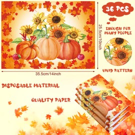 36 Pcs Thanksgiving Disposable Paper Place Mats Fall Placemats Autumn Sunflowers Maple Leaves Pumpkins Placemats Orange Fall Table Mats Harvest Decor for Thanksgiving Party Kitchen Dining Table