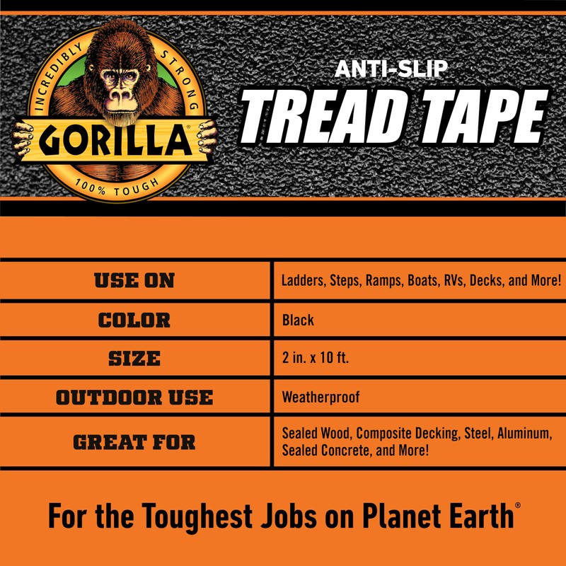 Gorilla Anti-Slip Tread Tape, 2" x 10' Roll, Black, (Pack