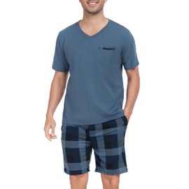 Vlazom Men's Pyjamas Set Short Sleeve Soft Pj's Top and Plaid Shorts for Sleepwear Loungewear with Pockets Cobalt Blue,M