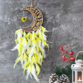 Moon Dream Catchers with Chakra Gemstone Agate Stone, Wealth Luck Crystal Tree Life Dream Catchers Wall Hangings Room Decor(Yellow)