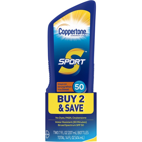 Coppertone SPORT Sunscreen Lotion Broad Spectrum SPF 50 (7 Fluid Ounce per Bottle, Pack of 2) (Packaging may vary)