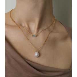 OZEL JEWELRY & GIFT Layered Gold Necklaces for Women - Crystal Colorful Delicate Cutting Pendant Necklace - 18K Gold Plated - Birthday Gifts (Made in Korea) (1M1234-3_green opal)