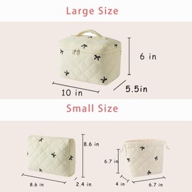 3pcs Large Cotton Quilted Makeup Bag Set,Coquette Aesthetic Cute Travel Toiletry Bag,Drawstring Gift Bag for Women and Girls(3Pcs Beige Bow)