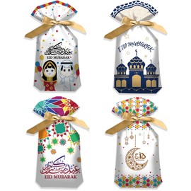 100PCS Eid Mubarak Gift Bags, Four Styles Treat Bags with Twist Ties Drawstrings, Ramadan Themed Goodie Bags for Mubarak Party (drawstring, 100)