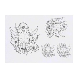 4 x 'Bull Skull with Flowers' Temporary Tattoos - Water Resistant, Skin-Safe, Non-Toxic Transfers, Mixed Sizes (TO00073200)