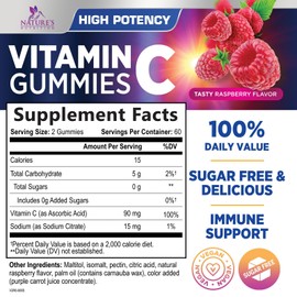 Vitamin C Gummies - 100% of Daily Vitamin C & Sugar Free - Immune Support with Powerful Antioxidants - Nature's Vegan VitaminC Dietary Supplement - Raspberry Flavor for Kids & Adults - 120 Gummies