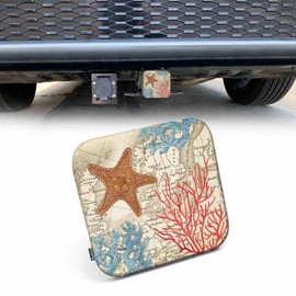 Beabes World Map Tow Trailer Hitch Cover Plug Insert, Tropical Reef Sealife Coral Starfish Retro Map Receiver Hitch Cover Tow Hitch Covers Compatible with Most Auto Cars Trucks for 2 Inch Receivers