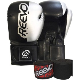 REEVO Sport Signature Boxing Gloves - Faux Leather Hook & Loop Closure Gloves with a Pair of 180" Handwraps (Black, 12oz)