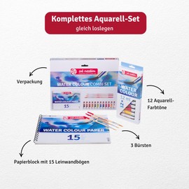 Talens Art Creation - Watercolour Paints and Paper Set - Combination Set - Painting Set - Painting for Beginners - Creative Set for Adults - 3 Brushes Included - 12 x 12 ml