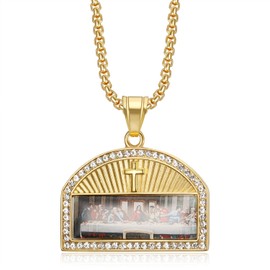 18K Gold Plated Lord's Supper Cross Pendant Stainless Steel Necklace For Men Women, The Last Supper Jesus with His Disciples Oil Painting 24 Inch Chain Christian Prayer Jewelry Gift