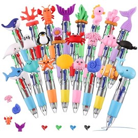 Yoosso Pack of 24 4-in-1 Ballpoint Pens, Mini Multicoloured Pens, Ocean Animals Motif, 0.7 mm, Retractable Ballpoint Pens, Colourful Writing Pens for School, Office, Notes, Party Bags, Birthday Gifts