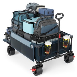 TIMBER RIDGE 600L Beast Wagon 26" W Extra Wide All Terrain Folding w/Big Wheels, Cargo Net & Tailgate, 26" W and 55" L, Capacity and 400lbs Heavy Duty Collapsible Portable Cart, Blue