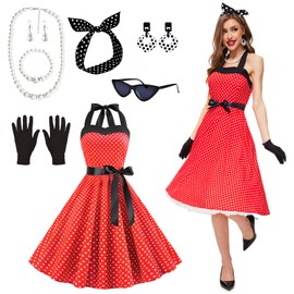 JONRRYIN Women's 50s Costume, 9 Pieces Rockabilly Accessories with Cat Eye Glasses, Earrings, Headband, Necklace, Gloves for Theme Party, Retro Party