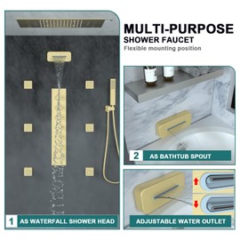 HOMEDEC Luxury Waterfall Bathtub Spout with Up/Down, 5.12 Inch Brushed Gold High Flow Thread-on Tub Filler Spout, Can be Used as Wall Mount Shower Head Bathroom Fixture Without Diverter