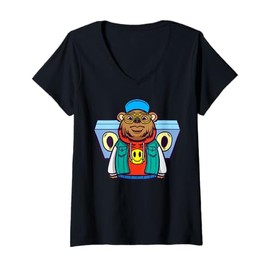 Womens Cute Cartoon Bear Character With Headphones For Kids V-Neck T-Shirt