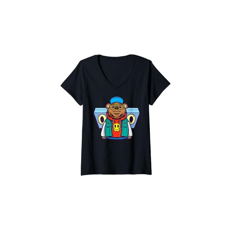 Womens Cute Cartoon Bear Character With Headphones For Kids V-Neck