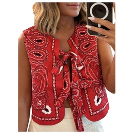 GORGLITTER Women's Bow Tie Front Vest Top Paisley Print Sleeveless Boho Country Concert Vest Tank Tops Red Small