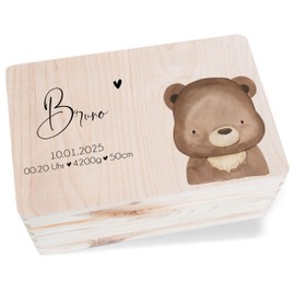 Holz Erinnerungsbox - Geschenk Geburt Süßer Bär personalisiert I Baby Junge Geschenk Geburt I Holzkiste Geschenk Geburt I Geschenk Baby zur Geburt - 30 x 20 x 14 - Holz - babybox name für