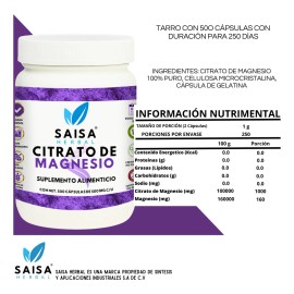 Citrato De Magnesio Puro Con 500 Cpsulas De 500 Mg Cu.  Suplemento Alimenticio  Alta Biodisponibilidad  Sin Sabor Saisa Herbal  Apoyo Del Sueo,...    