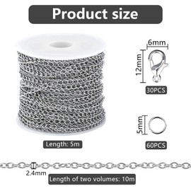 Link Chain 2 Pieces 5 m Craft Link Chain 2.4 mm Chain DIY Jewellery Chain Link Chain Silver with 30 Lobster Clasp and 60 Jump Rings Stainless Steel Cable Link Chain for DIY Jewellery Making
