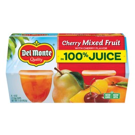 Del Monte Cherry Flavored Mixed Fruit Cup Snacks in 100% Juice, 4 Oz, Pack of 24