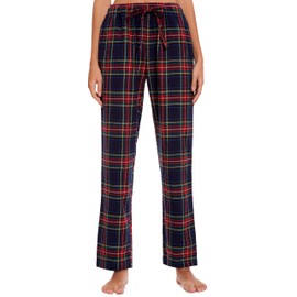 Lavenderi Women’s Soft Woven Cotton Flannel Pajama Pants, Long Pajama Bottoms with Drawstring and Pockets, Navy Red Plaid, Large