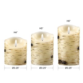qinxiang Flameless Candles LED Candles Birch Bark Set of 3 (D 3.25" x H 4" 5" 6") Ivory Real Wax Pillar Battery Operated Candles with LED Flame 10-Key Remote Control and Cycling 24 Hours Timer