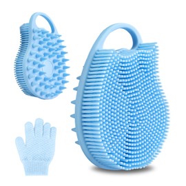 Körperbürste Silikon, 2-seitige Silikon Duschbürste Zur Reinigung von Haut und Haar, Kopfhaut Massagebürste, 2-in-1-Duschbürste und Shampoo-Bürste, Wird mit Peeling-Duschhandschuhen Geliefert (Blau)