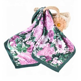 2 Packs of 100% Simulated Silk Scarves, Lightweight Square Satin Head Scarves,Fashion Accessories & Gift Edition21x 21 Inches (07 Full-screen Pink +Leopard Green Trim)