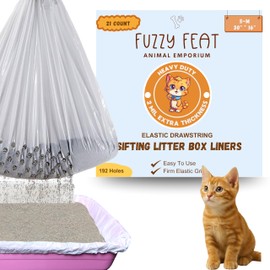 Fuzzy Feat Sifting Cat Litter Box Liners with elastic drawstring. Tear-resistant, waterproof cat litter bags, fits small to medium boxes (30" × 16", 2 Mil Extra thick)