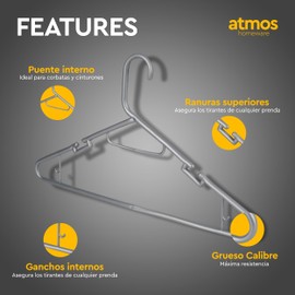 Atmos Homeware Ganchos para Ropa | 40 Ganchos de Plástico Premium para Colgar Ropa | Gruesos, Resistentes y Duraderos | Paquete de 40 Perchas Color Plata
