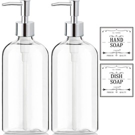 Clear Soap Dispenser with Rust Proof Pump, Waterproof Labels (2 Pack,16 Oz), Plastic Hand Soap Dish Soap Dispenser for Kitchen Bathroom