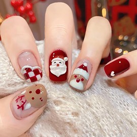 Brishow Christmas Artificial Nails for Sticking, Snow Press on Nails with Christmas Tree, Red, Short False Nails, 24 Pieces for Women and Girls