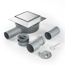 Bernkot Shower Drain Square 10 x 10 cm, 360° Siphon with Odour Stop and Hair Strainer 2-in-1 Tilable Stainless Steel Drain Channel Floor Drain Shower Drain Very Flat DN50 DN40