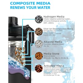 Alkaline Water Bottle Stainless Steel Portable Alkaline Filter Water Bottle Sports Travel Home Water Bottle,PH 9+ Water for health, 800 ml (Black)