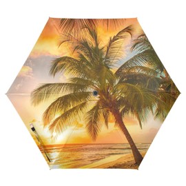 Oyihfvs Tropical Palm Tree On Ocean Beach at Sunset Automatic Lightweight Folding Umbrella, Auto Open/Close Portable Sun Travel Parasol, Compact Anti-UV Strong Rain Umbrella