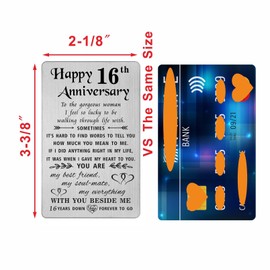 TANWIH 16 Year Anniversary Card Gifts for Her, 16th Wedding Anniversary Card for Wife Women, Engraved Metal Wallet Cards