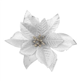 Gardeningwill 6Pcs 5 Inch Glitter Artificial Flowers with Ties for Wedding Christmas Festival Decor Ornament Silver