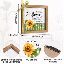 pechpell Summer Sunflower Sign, 6×6 Inch Wood Framed Sunflower Decor with Leaves, Mother's Day Gift for Home Office Table Shelf Tiered Tray Indoor