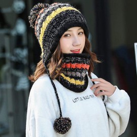 Aisaving Women Knitted Hat Scarf Set Girls Women Gift Winter Warm Thicken Crochet Bobble Pom Pom Beanie Hat Cap Outdoor Ski Snowboard Cycle Bobble Hemming Hats with Fleece Lining(Black)