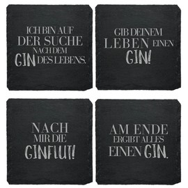 Slate Coaster Set (4 Pieces) for Gin with Gin Sayings - Coasters Made of Slate for Ginfans Gift Idea Gin Lovers (German Sayings)